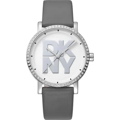 Dkny Logo Crystal Bezel Leather Strap Watch, 36mm In Silver