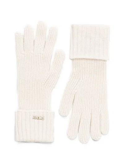 Dkny Logo-plaque Ribbed-knit Gloves In Neutrals
