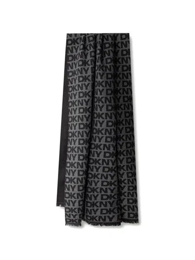 Dkny Logo-print Fringed Scarf In Grey