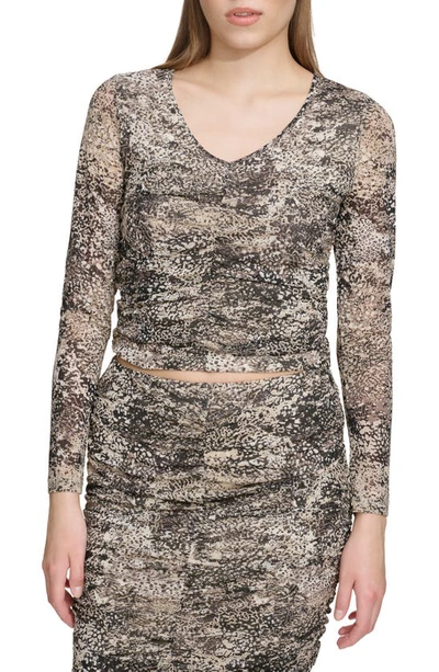 Dkny Mesh Ruched Top In Sea Snake Pebble