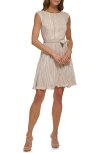 Dkny Pleated Multicolor Cap Sleeve Dress In Cream/ Gold