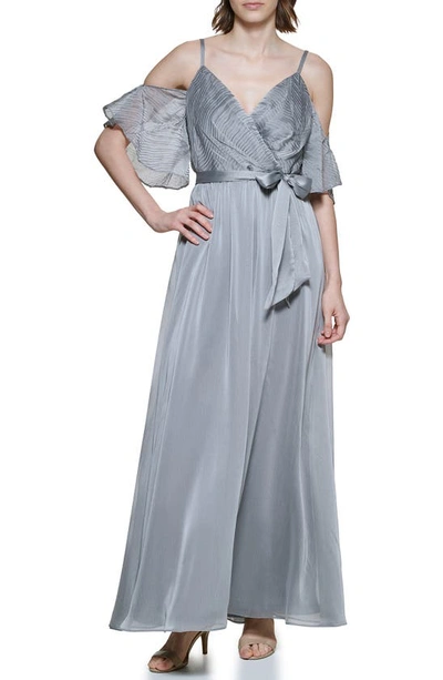 Dkny Pleated Off The Shoulder Gown In Grey