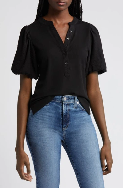 Dkny Puff Sleeve Mixed Media Henley Top In Black