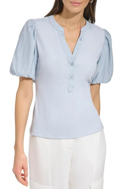 Dkny Puff Sleeve Mixed Media Henley Top In Frost Blue