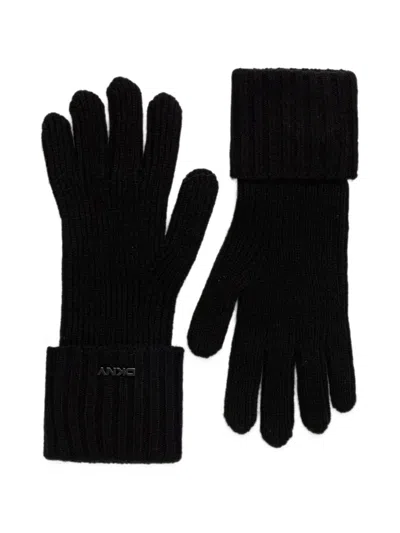 Dkny Ribbed-knit Logo-plaque Gloves In Black