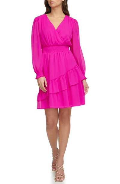Dkny Smocked Long Sleeve Dress In Power Pink