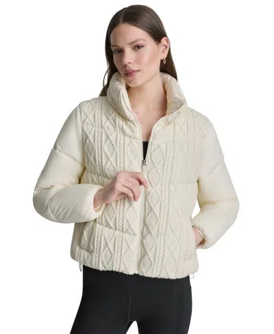 Dkny Sport Women's Cable Knit Mock Neck Water Resistant Puffer Jacket In Neutral
