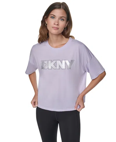 Dkny Sport Women's Foil Rhinestone Logo Dropped-shoulder T-shirt In Gray