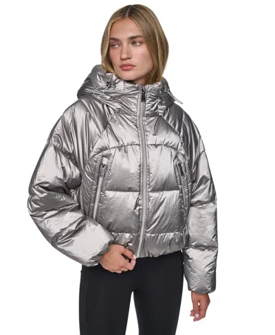 Dkny Sport Women's Hooded Short Puffer Jacket In Silver