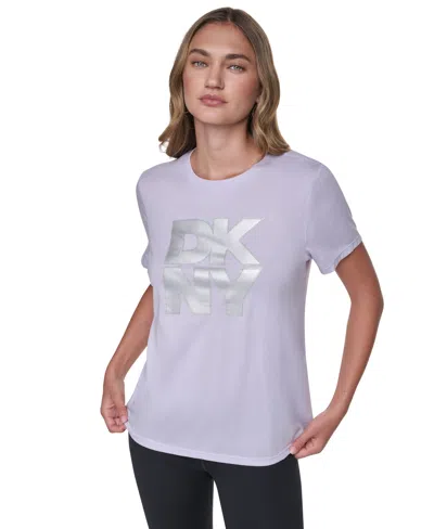 Dkny Sport Women's Stacked Foil Glitter Logo Short-sleeve Relaxed Fit T-shirt In Gray