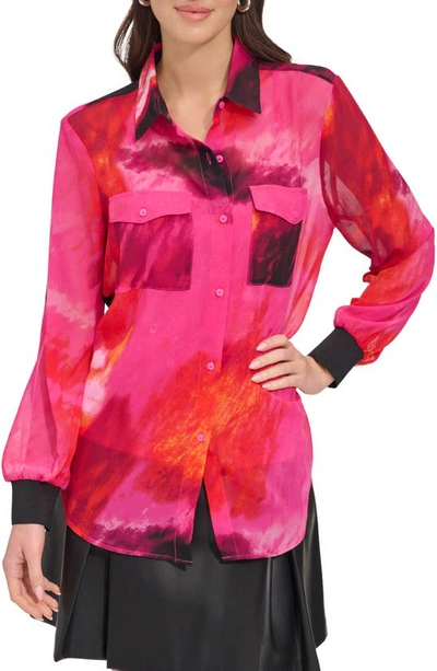 Dkny Sportswear Abstract Print Chiffon Shirt In Shocking Pink Multi