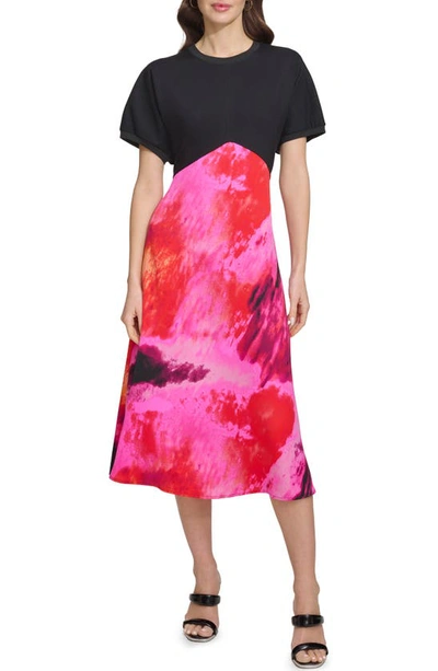 Dkny Sportswear Mix Media Satin Midi Dress In Black/ Shocking Pink Multi