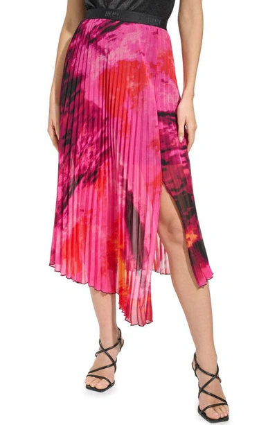 Dkny Sportswear Print Pleated Asymmetric Midi Skirt In Shocking Pink Multi