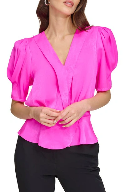 Dkny Sportswear Puff Sleeve Peplum Satin Top In Shocking Pink