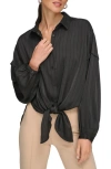 Dkny Stripe Jacquard Tie Hem Button-up Shirt In Black