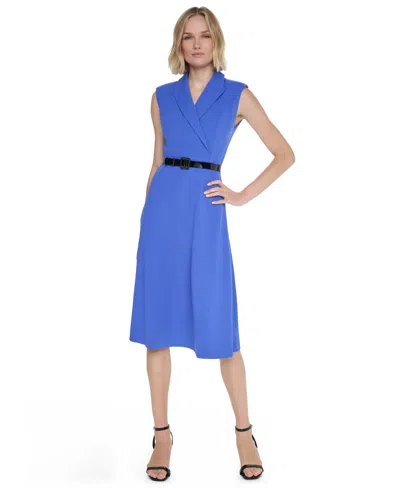 Dkny Women's Sleeveless Collared Drop-waist Midi Dress In Blue