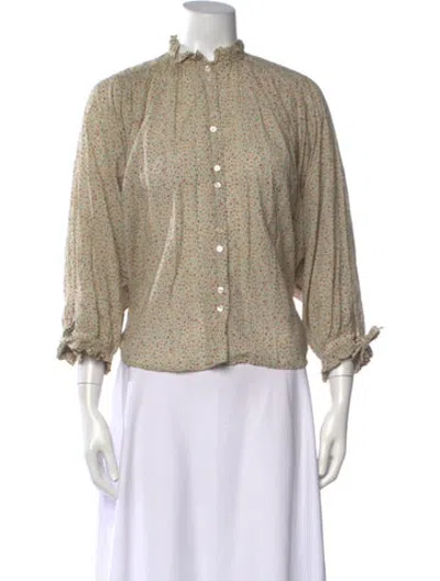 Pre-owned Doen Floral Print Long Sleeve Blouse In Green/neutrals