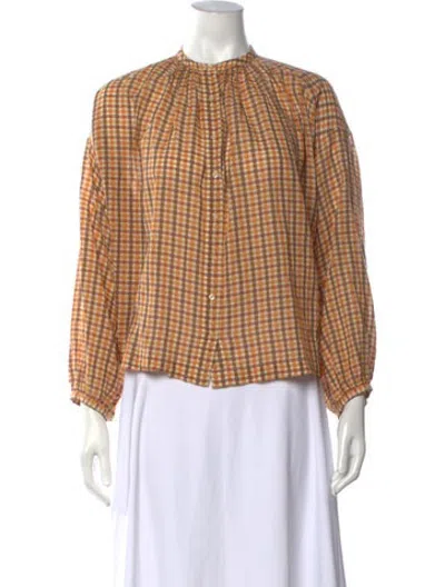 Pre-owned Doen Plaid Print Long Sleeve Blouse In Neutrals