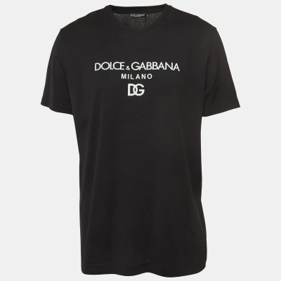 Pre-owned Dolce & Gabbana Black Dg Embroidered Cotton Crew Neck T-shirt Xxxl