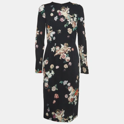 Pre-owned Dolce & Gabbana Black Floral Print Crepe Fitted Midi Dress M