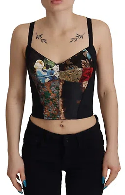 Pre-owned Dolce & Gabbana Black Patchwork Sicily Blouse Corset Cropped Top