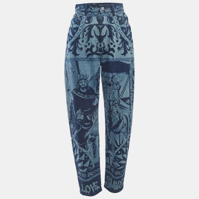 Pre-owned Dolce & Gabbana Blue Medieval Print Denim High Waist Boyfriend Jeans S Waist 26"
