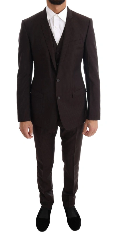 Dolce & Gabbana Brown Striped Gold Slim Fit 3 Piece Suit