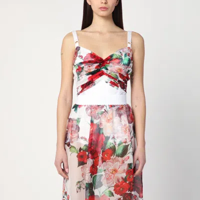 Dolce & Gabbana Bustier Top In Marquisette And Chiffon With Rose Print In White