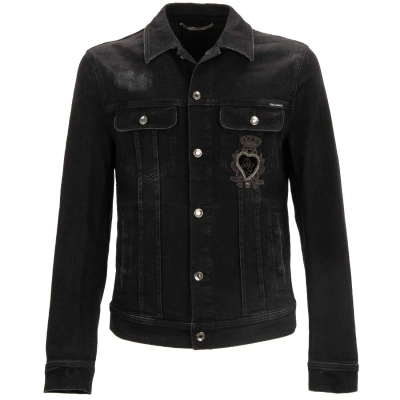 Pre-owned Dolce & Gabbana Denim Jeans Jacket With Logo Heart Crown Embroidery Black 11650