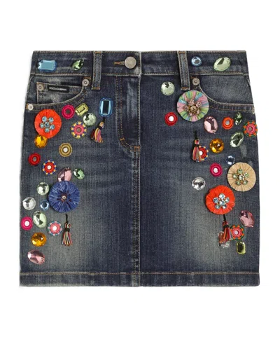 Dolce & Gabbana Kids' Denim Skirt With Applications In Gray