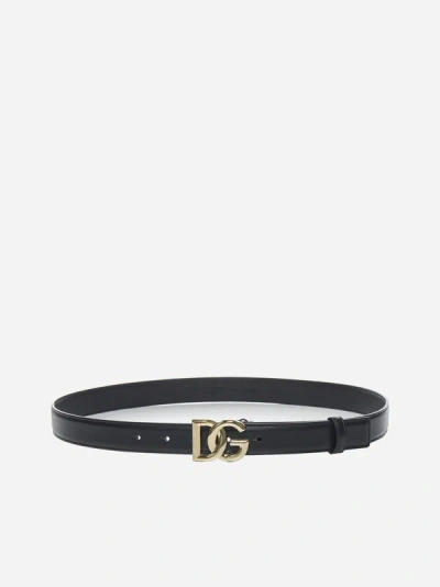 Dolce & Gabbana Dg Buckle Leather Thin Belt In Black