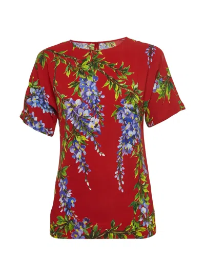 Pre-owned Dolce & Gabbana Floral-print Crepe Blouse In Red