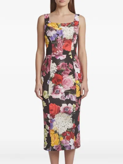Pre-owned Dolce & Gabbana Floral-print Mesh Midi Dress In Black