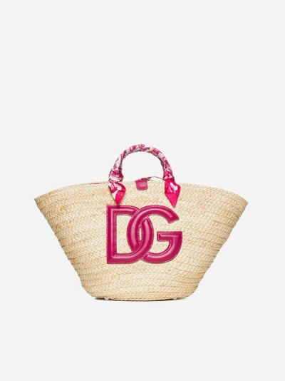 Dolce & Gabbana Kendra Medium Straw Bag In Natural,fuchsia