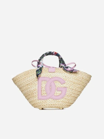 Dolce & Gabbana Kendra Small Straw Bag In Natural,pink