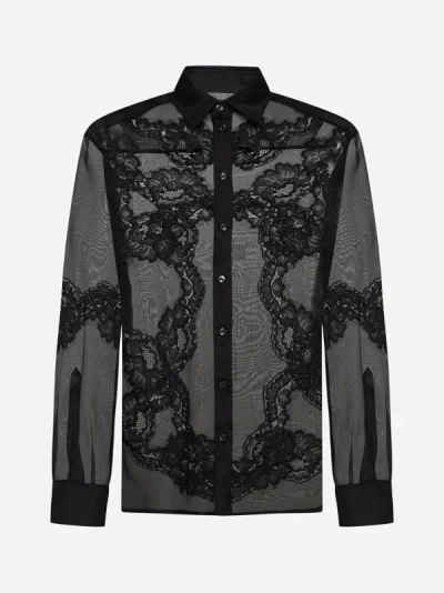 Dolce & Gabbana Lace-embellished Sheer Organza Shirt In Black