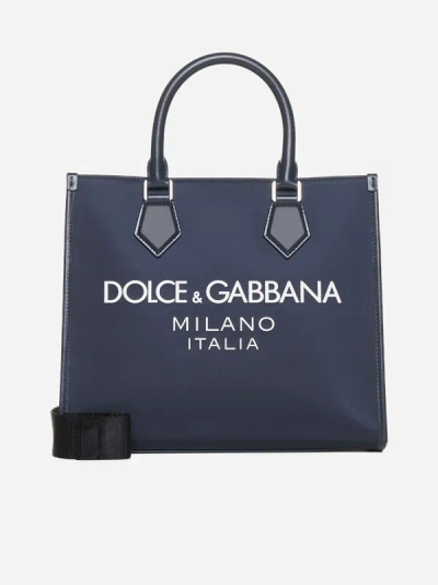 Dolce & Gabbana Logo Canvas Shopping Bag In Navy Blue