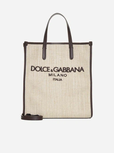 Dolce & Gabbana Logo Canvas Tote Bag In Beige,brown