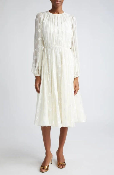 Dolce & Gabbana Logo Jacquard Long Sleeve Chiffon Dress In Bianco Panna Chiaris