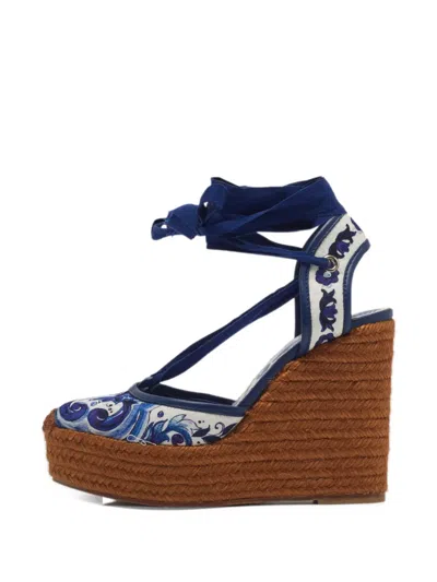 Pre-owned Dolce & Gabbana Majolica Espadrille Wedge Pumps In Blue