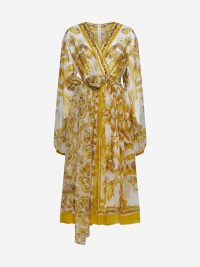 Dolce & Gabbana Majolica Print Silk Midi Dress In Yellow