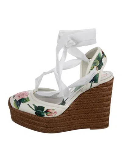 Pre-owned Dolce & Gabbana Mambo Rose Print Leather Espadrilles In White