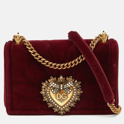 Pre-owned Dolce & Gabbana Maroon Quilted Velvet Devotion Chain Shoulder Bag In Red