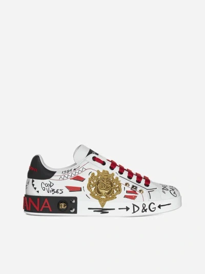 Dolce & Gabbana Portofino Dg Emblem And Print Leather Sneakers In White,multicolor
