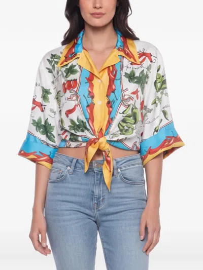 Pre-owned Dolce & Gabbana Printed Front-tie Blouse In White