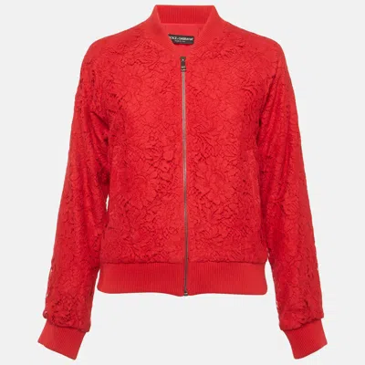 Pre-owned Dolce & Gabbana Red Corded Lace Bomber Jacket S