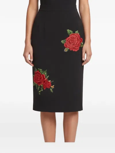 Pre-owned Dolce & Gabbana Rose Embroidered Pencil Midi Skirt In Black