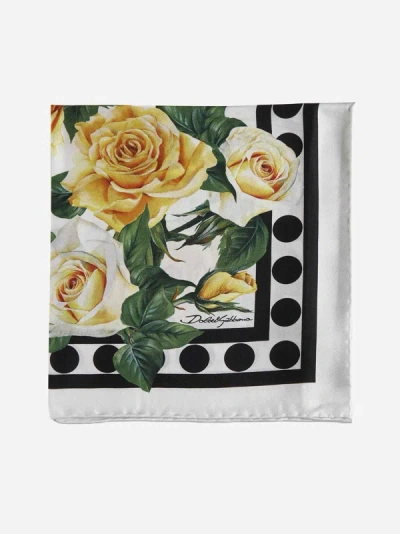 Dolce & Gabbana Rose Print Silk Scarf In White,yellow