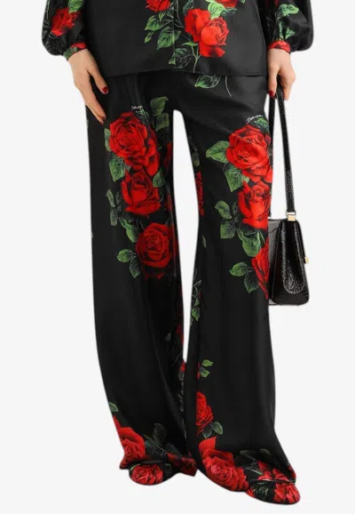 Dolce & Gabbana Rose Print Straight-leg Silk Pants In Black
