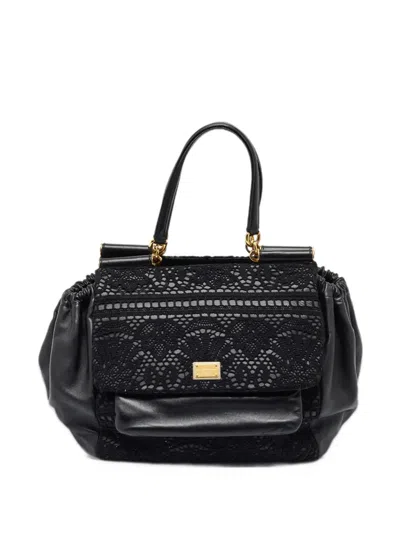 Pre-owned Dolce & Gabbana Sicily Lace Top Handle Bag In Black